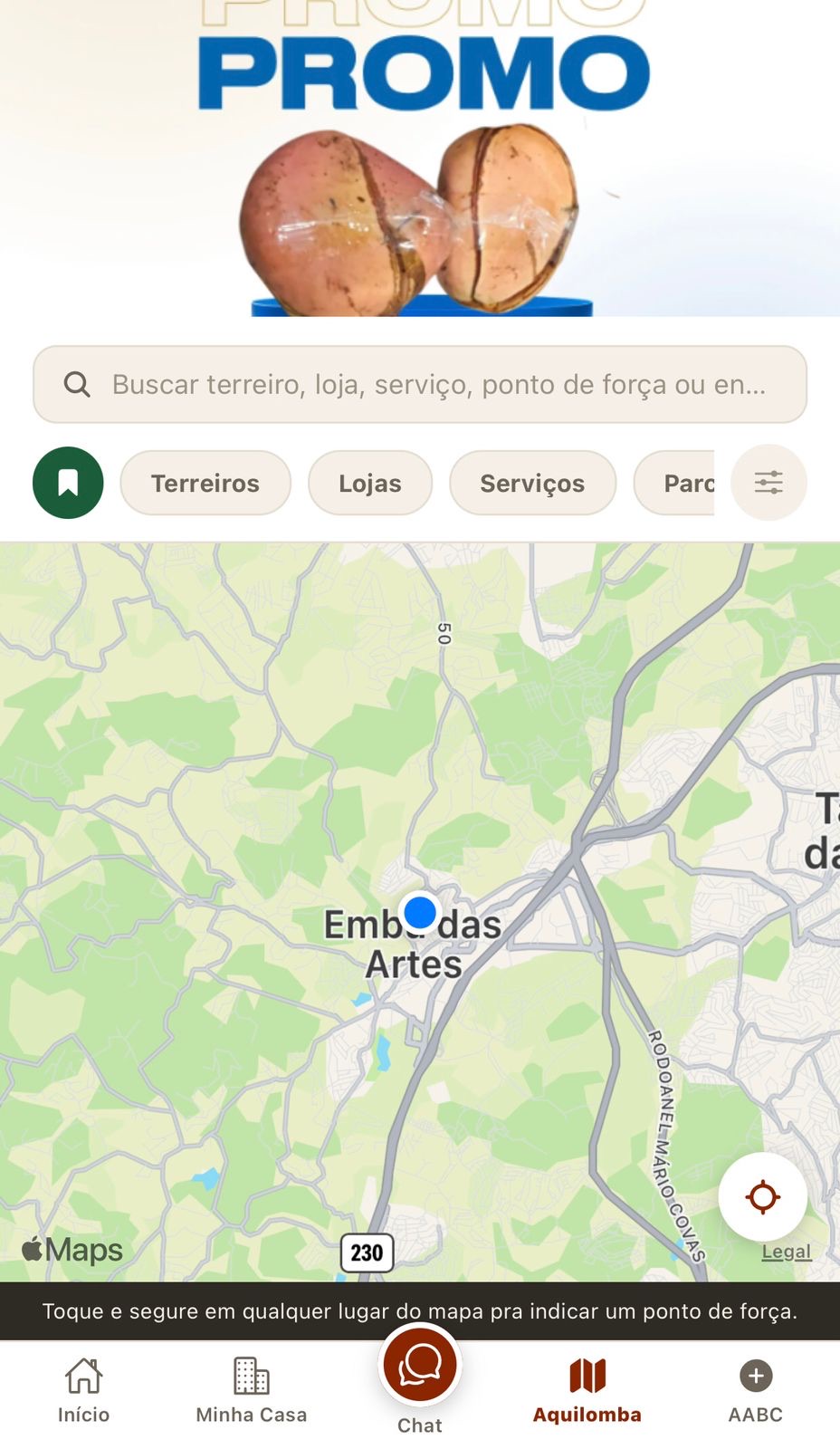 Tela do mapa Aquilomba no aplicativo
