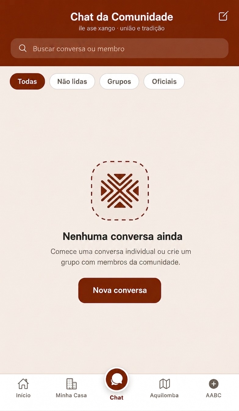 Tela de chat da comunidade do aplicativo Aquilomba