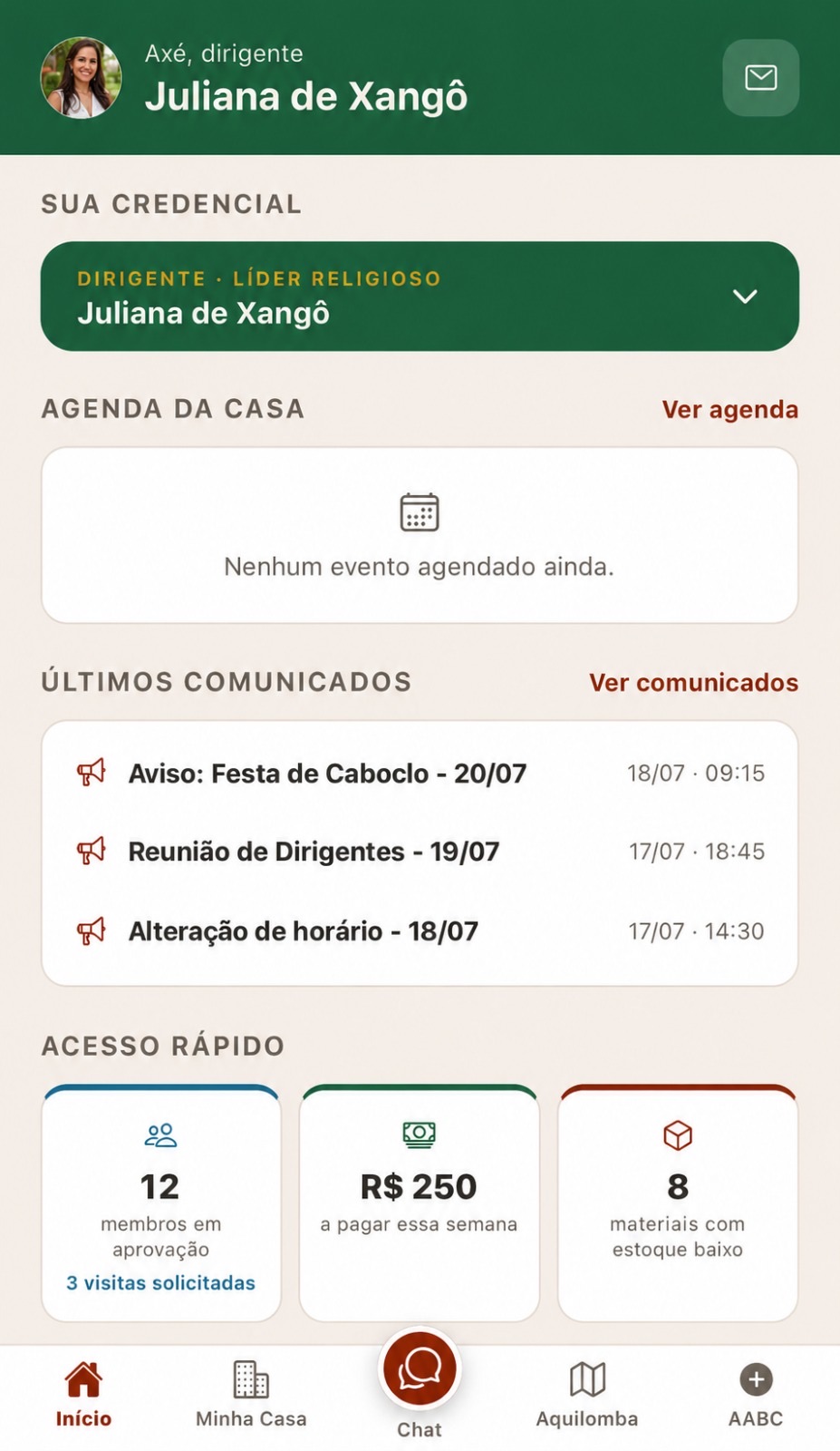 Tela inicial do aplicativo Aquilomba