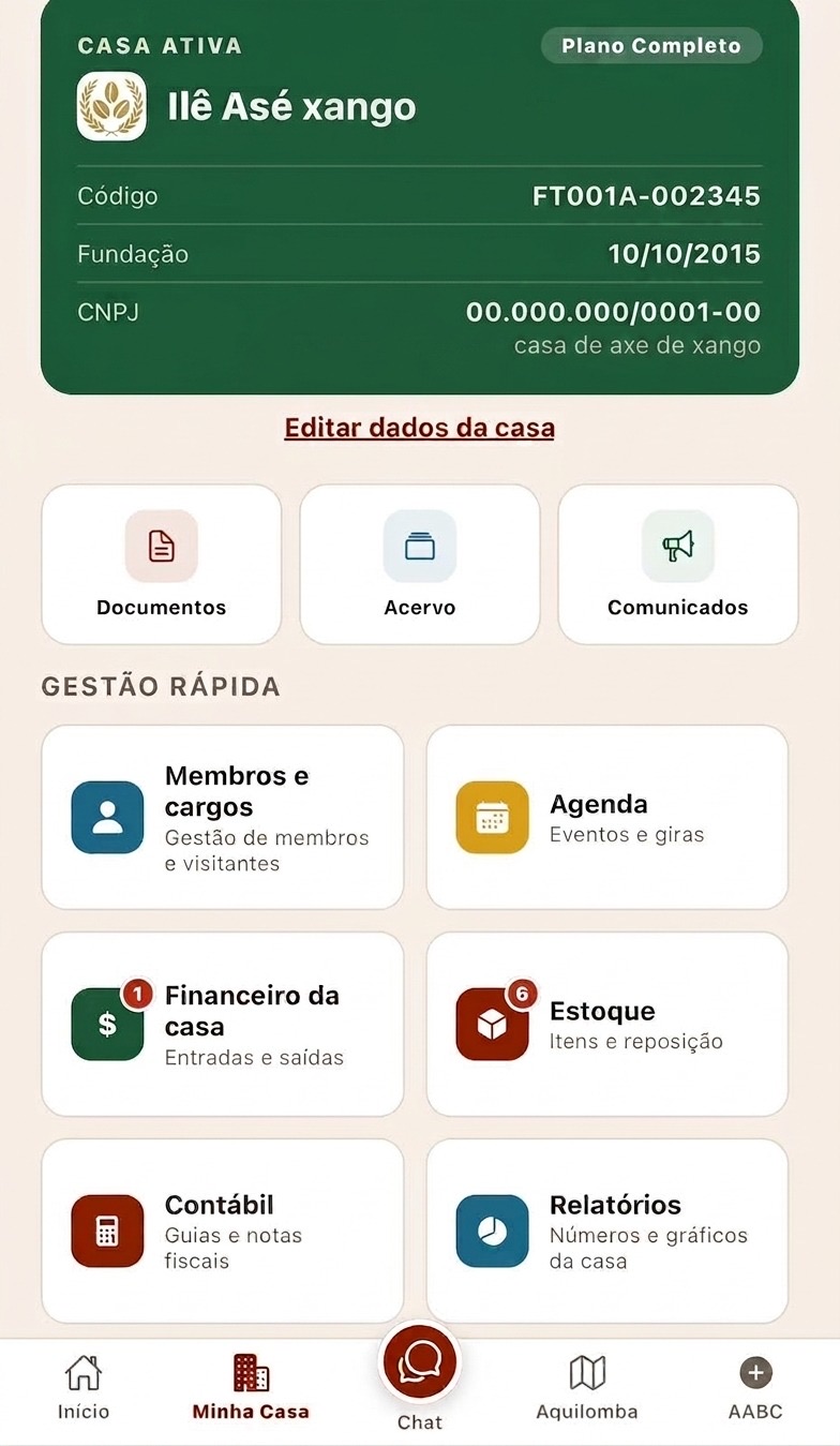 Tela Minha Casa do aplicativo Aquilomba
