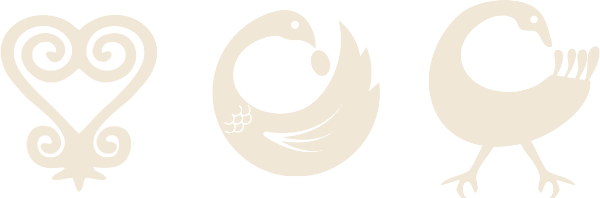 Três variações do adinkra Sankofa: a forma de coração e duas formas do pássaro que olha para trás